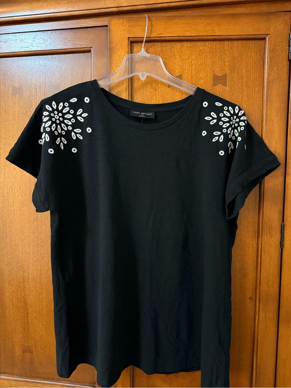 Lane Bryant Black Short Sleeve Tee with White Shoulder Embellishments